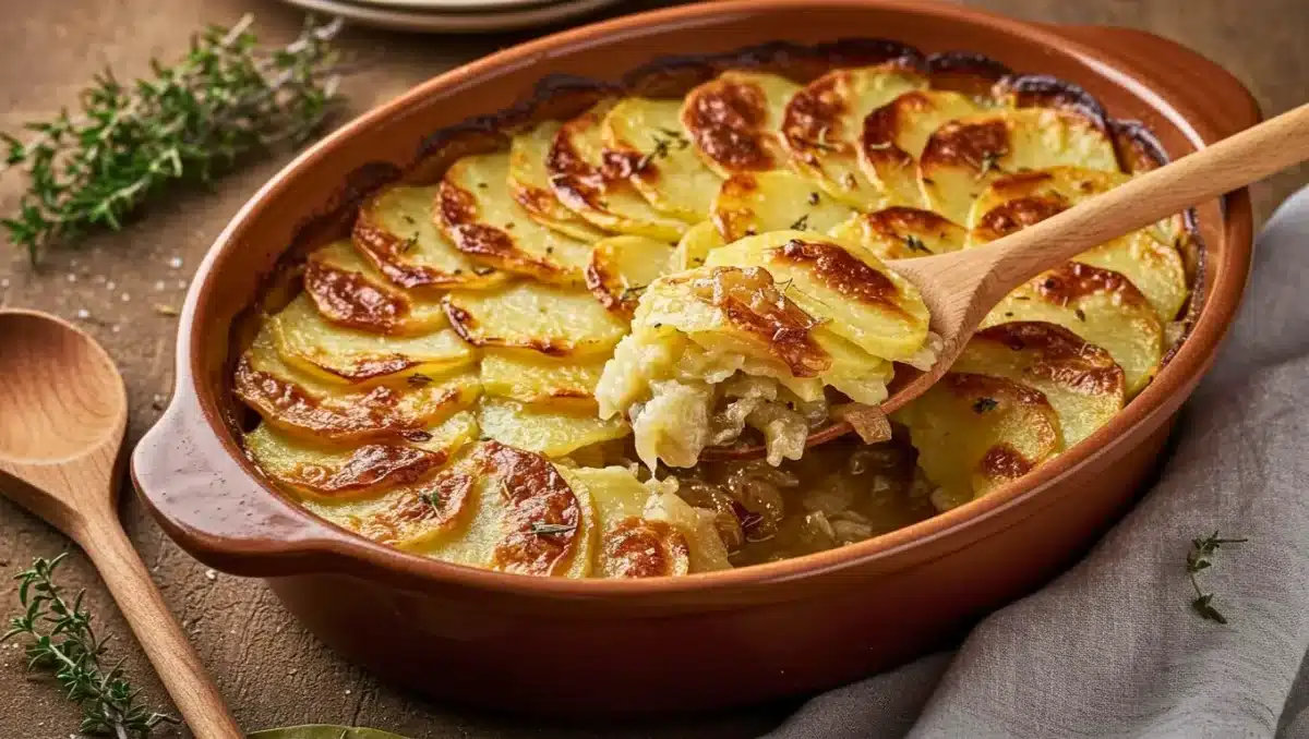 Gratin de pommes de terre boulangères doré au four, présenté dans un plat en terre cuite, avec une cuillère en bois soulevant une portion fondante aux oignons.