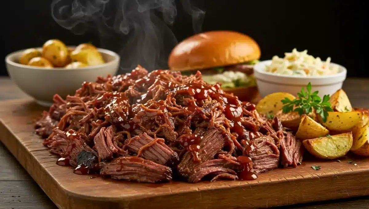 Effiloché de bœuf fondant nappé de sauce barbecue, présenté sur une planche avec pommes de terre rôties, coleslaw et pain brioché en arrière-plan.