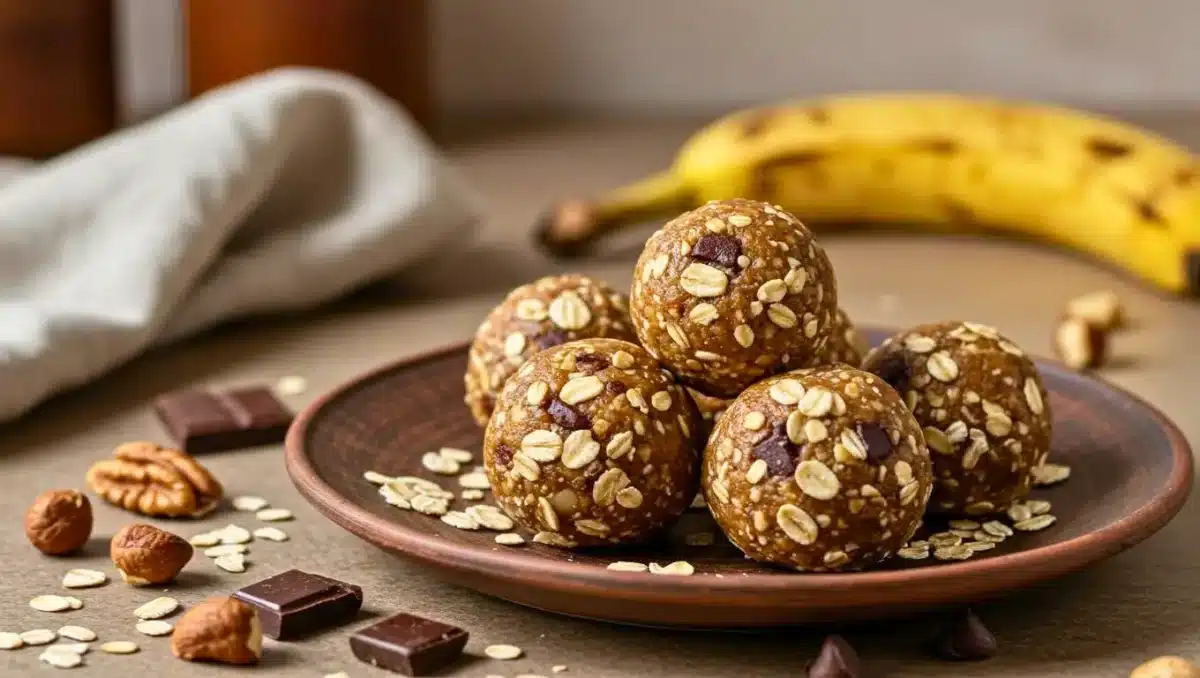 Boules énergie à la banane, avoine et pépites de chocolat disposées sur une assiette avec des noisettes et morceaux de chocolat autour.