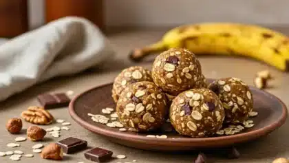 Boules énergie à la banane, avoine et pépites de chocolat disposées sur une assiette avec des noisettes et morceaux de chocolat autour.