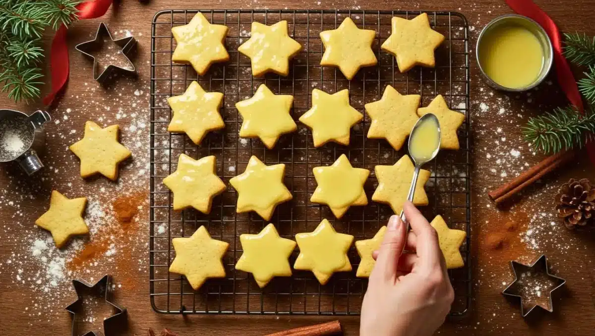 Biscuits étoile à la cannelle refroidissant sur une grille, certains glacés au citron, avec une main appliquant le glaçage à la cuillère ; autour, emporte-pièces, farine, cannelle et décorations de Noël.