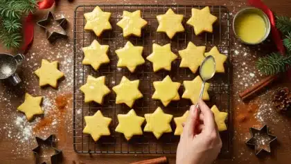 Biscuits étoile à la cannelle refroidissant sur une grille, certains glacés au citron, avec une main appliquant le glaçage à la cuillère ; autour, emporte-pièces, farine, cannelle et décorations de Noël.