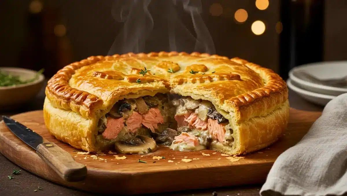 Tourte feuilletée dorée coupée en deux, laissant apparaître une garniture de saumon et champignons crémeux sur une planche en bois, avec vapeur s’échappant.