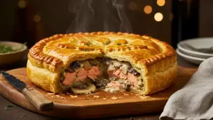 Tourte feuilletée dorée coupée en deux, laissant apparaître une garniture de saumon et champignons crémeux sur une planche en bois, avec vapeur s’échappant.
