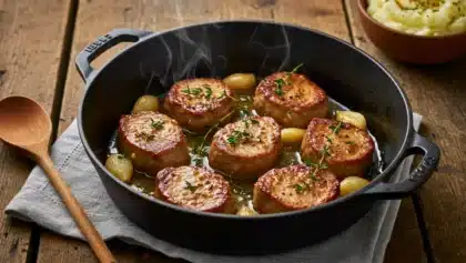 Médaillons de filet mignon dorés et nappés de sauce au miel et vinaigre de cidre dans une cocotte en fonte, accompagnés d’échalotes fondantes et de brins de thym.