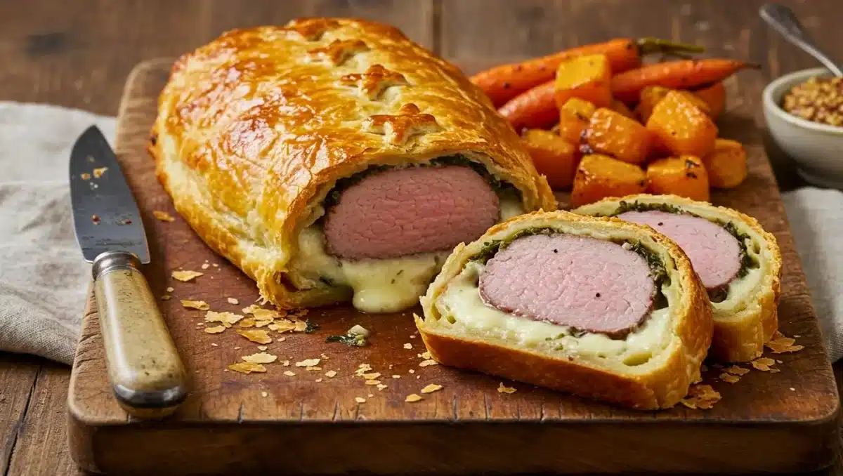 Filet mignon en croûte feuilletée coupé en tranches, laissant apparaître la viande rosée et le fromage fondant, servi sur une planche en bois avec légumes rôtis en accompagnement.