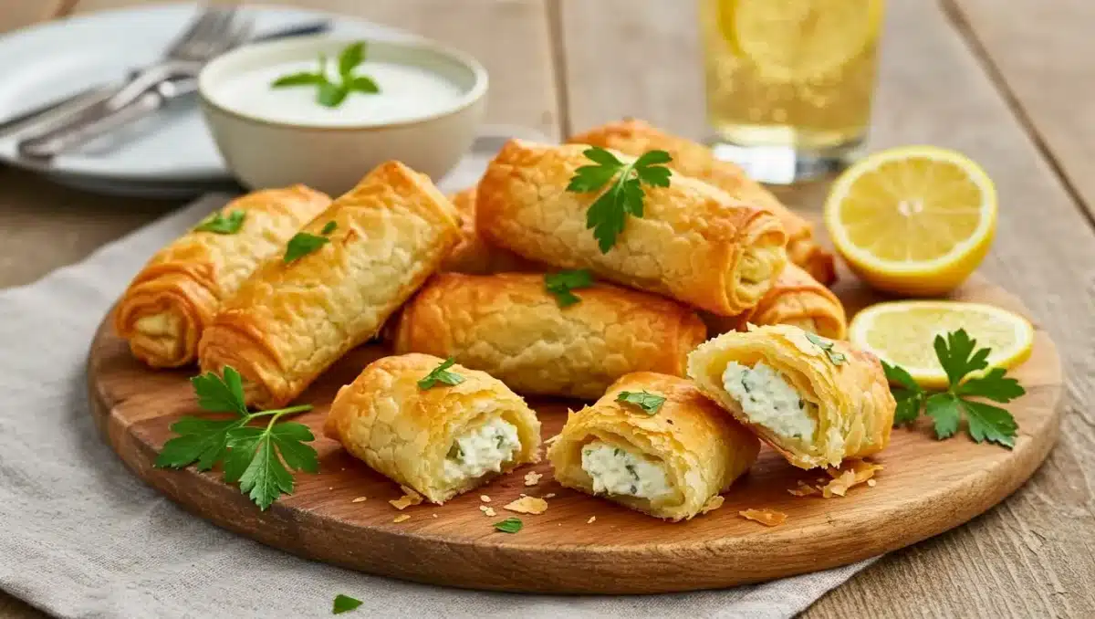 Roulés croustillants en pâte filo garnis de fromage frais et d’herbes, présentés sur une planche en bois avec des demi-citrons et une sauce blanche en accompagnement.