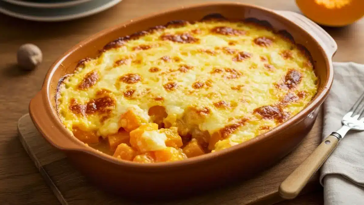 Gratin de butternut doré au comté dans un plat en terre cuite, avec texture fondante et croûte gratinée.