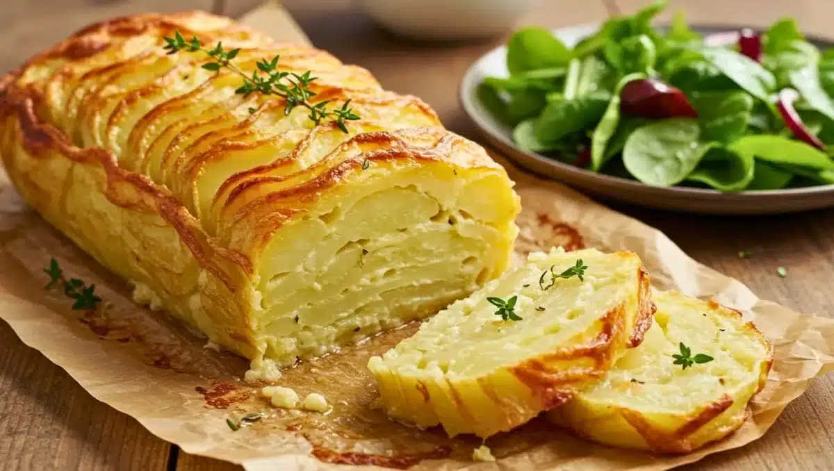 Gratin de pommes de terre tranché en forme de terrine, doré sur le dessus, avec du thym frais et une salade verte en accompagnement.