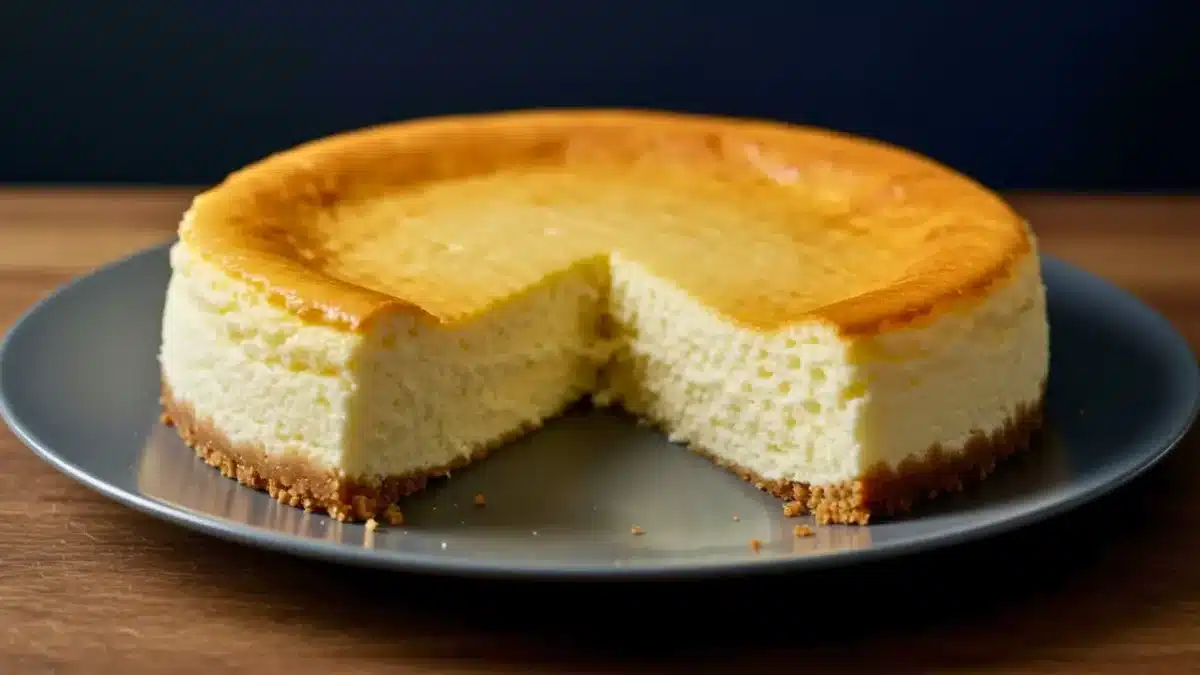 Cheesecake crémeux doré avec une part manquante, sur une assiette, montrant sa texture légère et fondante.