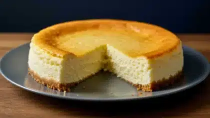 Cheesecake crémeux doré avec une part manquante, sur une assiette, montrant sa texture légère et fondante.
