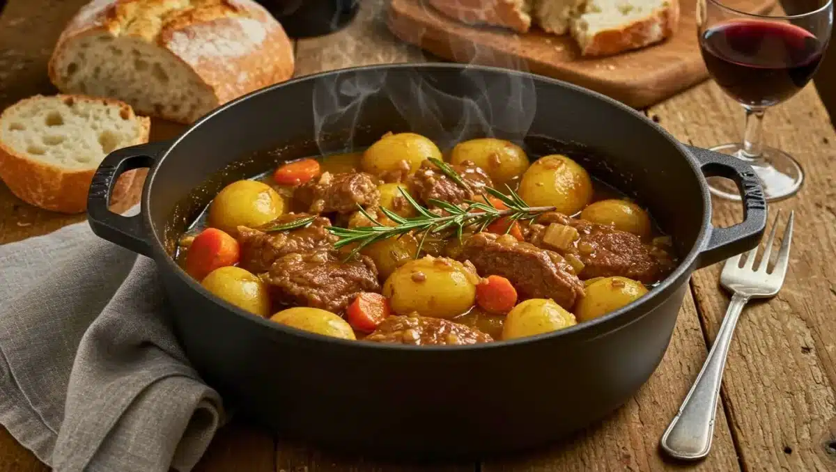 Cocotte en fonte remplie de sauté de veau mijoté avec pommes de terre, carottes, romarin et sauce au vin blanc, posée sur une table rustique avec du pain et un verre de vin rouge.