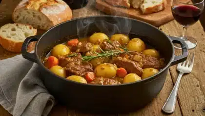 Cocotte en fonte remplie de sauté de veau mijoté avec pommes de terre, carottes, romarin et sauce au vin blanc, posée sur une table rustique avec du pain et un verre de vin rouge.