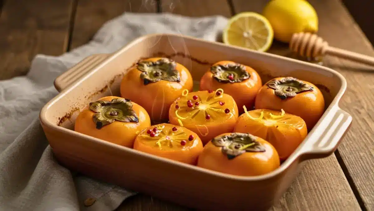 Kakis entiers rôtis au four dans un plat en céramique, nappés de miel, zestes de citron et baies roses, encore fumants à la sortie du four.