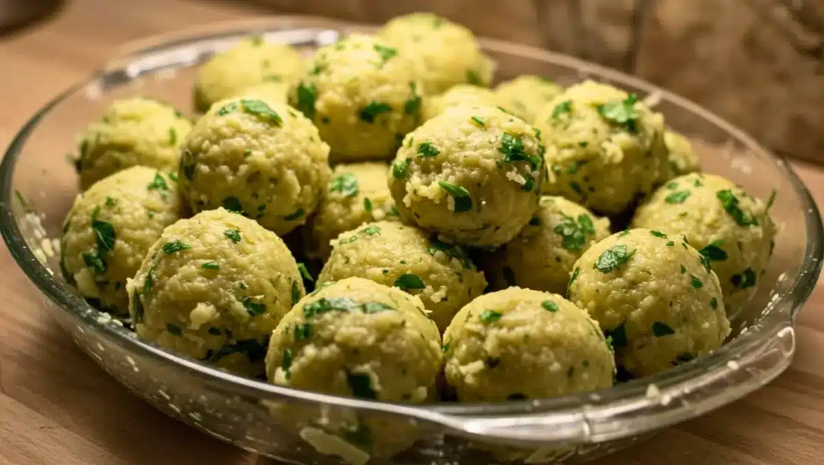 Boules de Grùmbeereknepfle, gnocchis alsaciens de pommes de terre au persil, disposées dans un plat en verre.