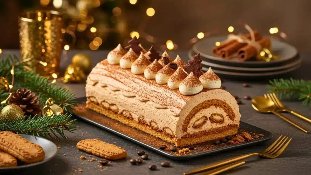 Bûche tiramisu de Noël au spéculoos et crème légère, décorée de petites pointes de mascarpone