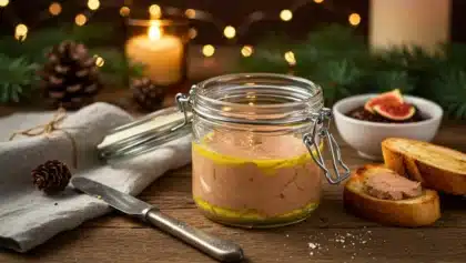 Foie gras de Noël en bocal, servi avec pain grillé et confit de figues dans une ambiance festive