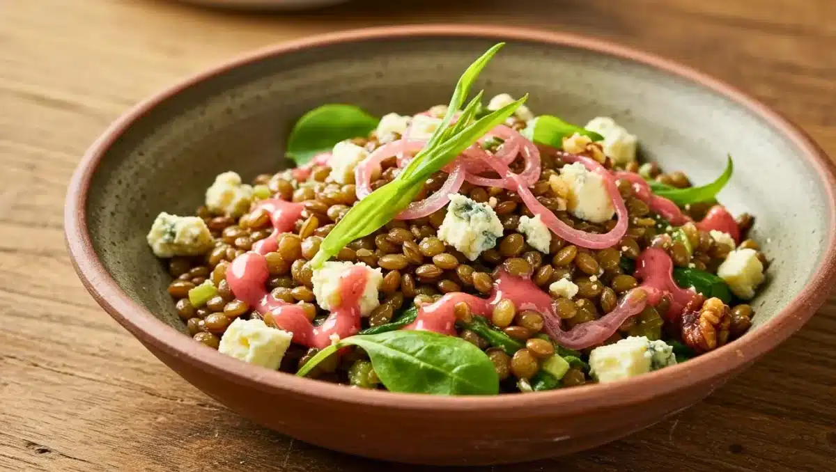 Bol de salade de lentilles blonde garnie de dés de Bleu d’Auvergne, pickles d’oignons roses, estragon et vinaigrette rose au vinaigre de framboise.