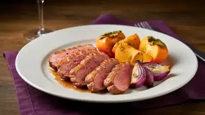 Assiette de magret de canard tranché et rosé, accompagné de quartiers de kaki rôtis et d’oignon rouge confit, servie sur une nappe violette avec un verre de vin rouge en arrière-plan.
