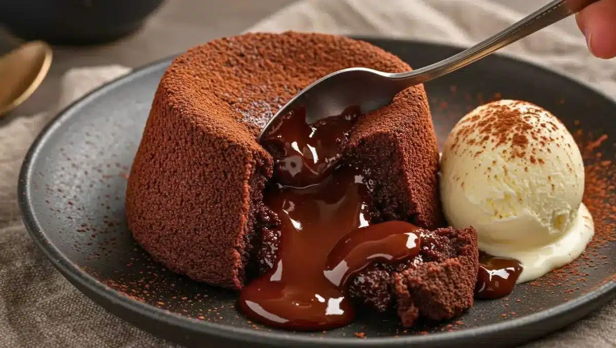 Mi-cuit au chocolat avec cœur coulant ouvert à la cuillère, servi avec une boule de glace vanille sur une assiette noire.