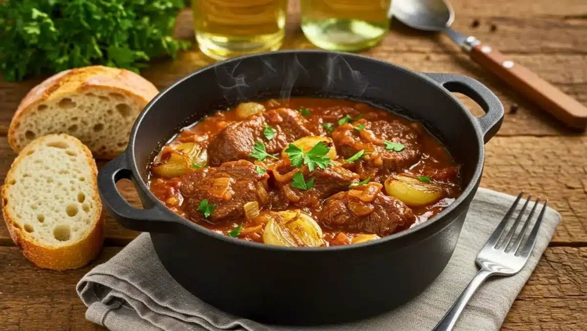 Cocotte en fonte remplie de morceaux de veau mijotés dans une sauce tomate épaisse, avec oignons fondants, persil frais et tranches de pain disposées à côté.