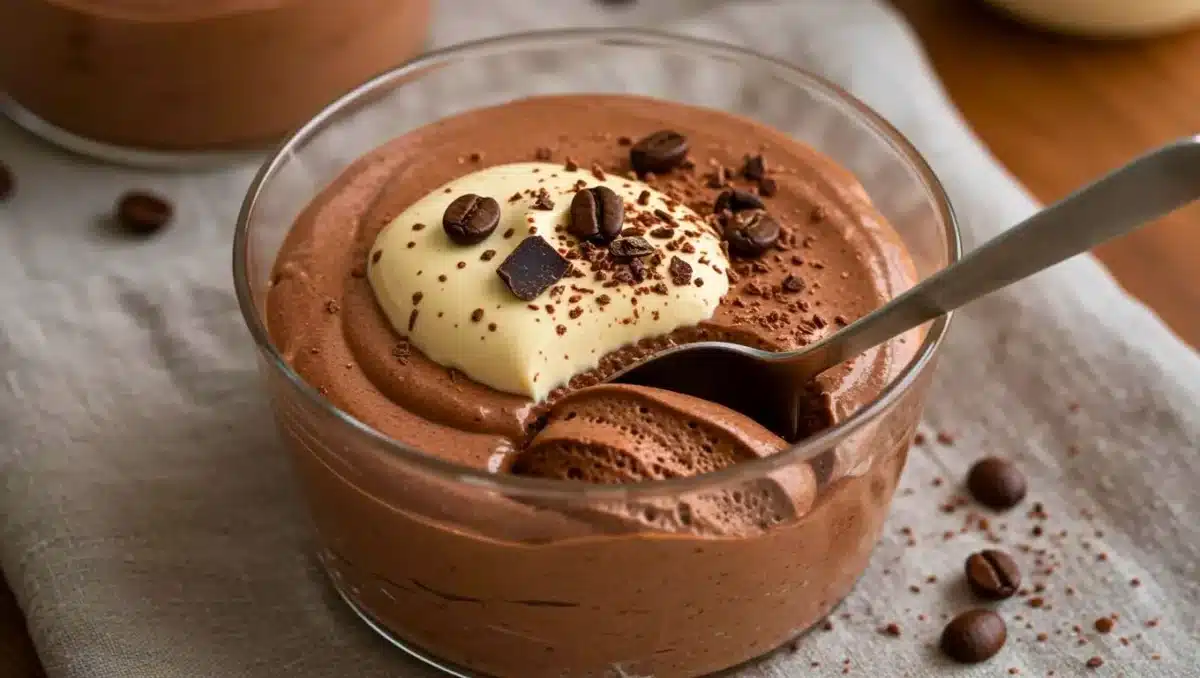 Mousse au chocolat et café dans une verrine, avec chantilly au centre et grains de café en décoration.
