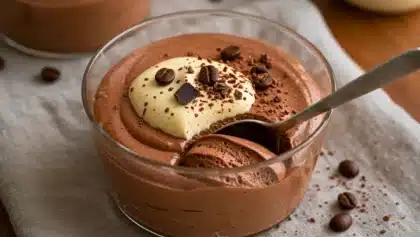 Mousse au chocolat et café dans une verrine, avec chantilly au centre et grains de café en décoration.