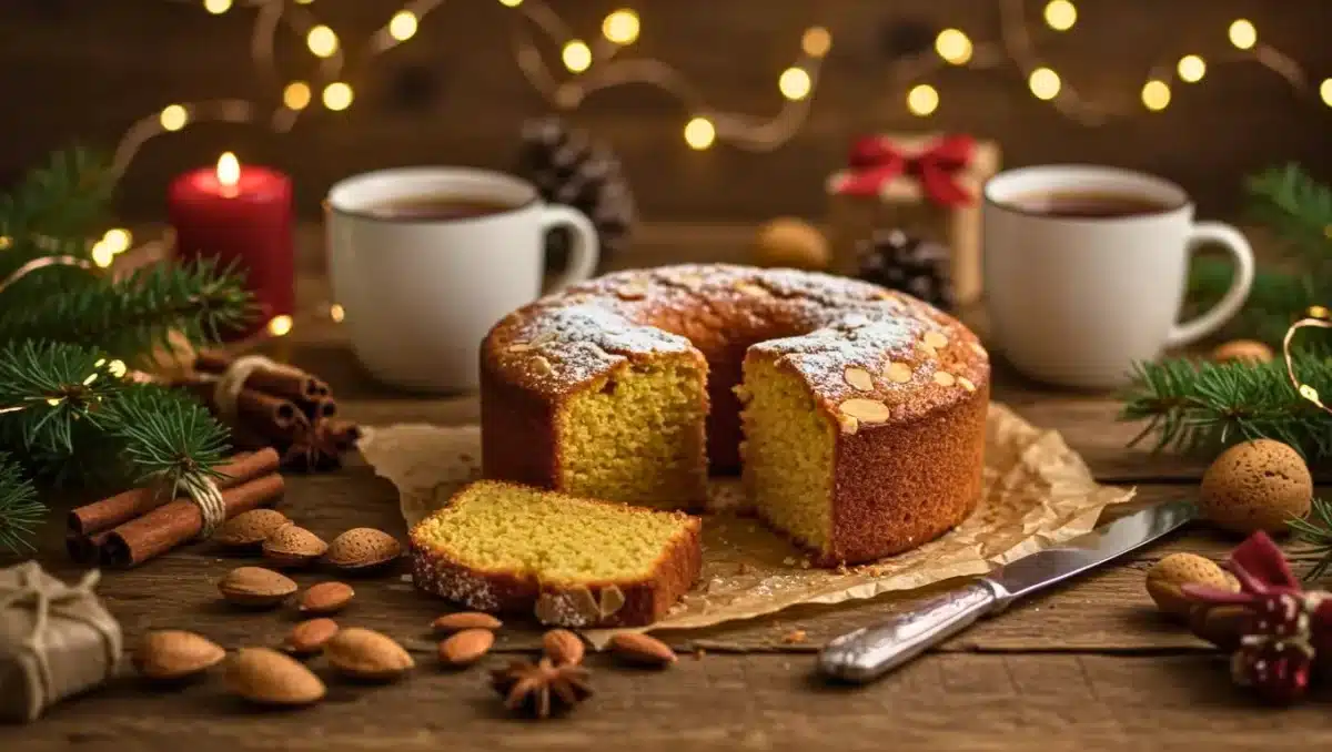 Cake aux épices de Noël décoré d’amandes, tranché et posé sur une table avec des bougies, des épices et des décorations festives.