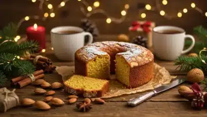 Cake aux épices de Noël décoré d’amandes, tranché et posé sur une table avec des bougies, des épices et des décorations festives.