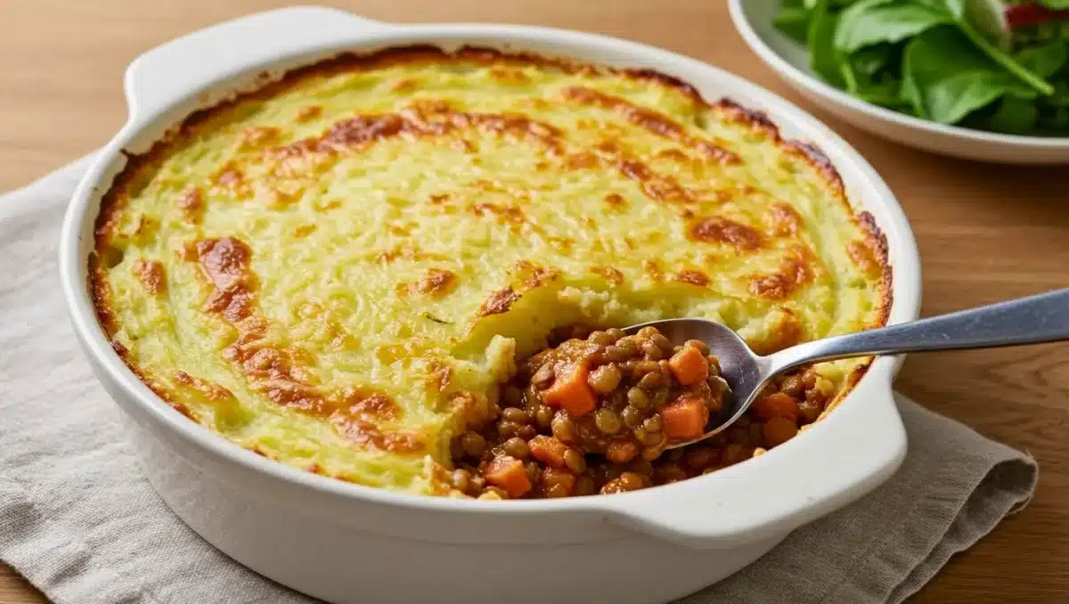 Parmentier végétarien gratiné dans un plat blanc, composé de lentilles, carottes et champignons sous une purée dorée, avec une cuillère révélant la garniture.