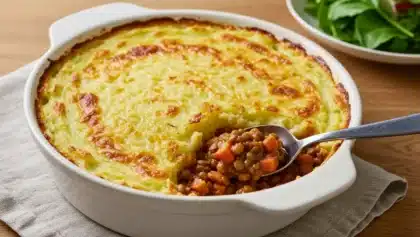 Parmentier végétarien gratiné dans un plat blanc, composé de lentilles, carottes et champignons sous une purée dorée, avec une cuillère révélant la garniture.