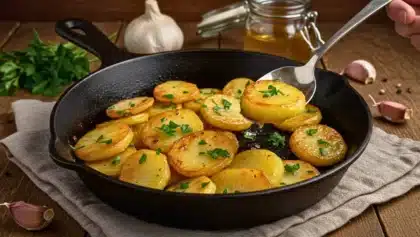 Pommes de terre sarladaises dorées dans une poêle en fonte, parsemées de persil frais, avec ail et herbes en arrière-plan.