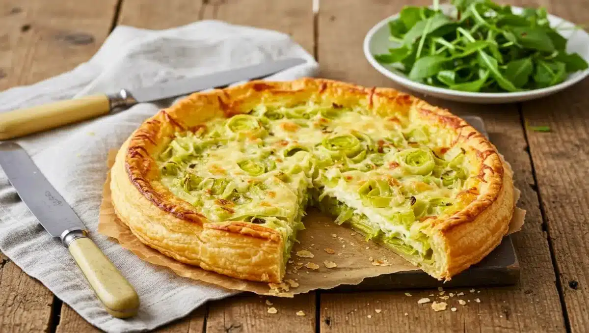 Tarte aux poireaux et parmesan dorée, posée sur du papier cuisson avec une part manquante, laissant voir la garniture fondante ; accompagnée d’une salade verte et de couteaux à manche clair sur une table en bois.