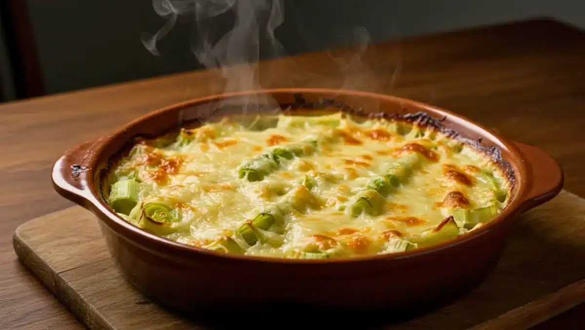 Gratin de poireaux doré et fumant dans un plat en terre cuite, avec fromage fondu et poireaux fondants visibles.