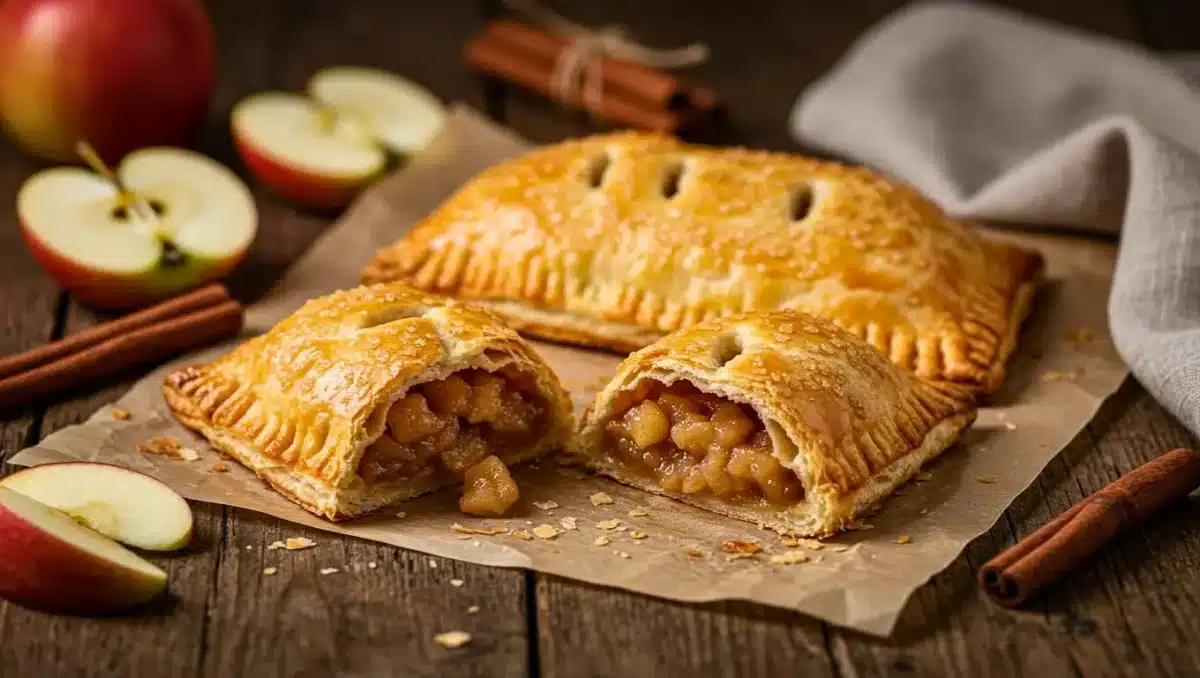 Chaussons aux pommes maison dorés, avec une compote de pommes fondante visible à l'intérieur, entourés de pommes fraîches et bâtons de cannelle.