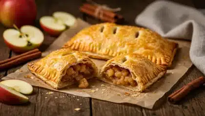 Chaussons aux pommes maison dorés, avec une compote de pommes fondante visible à l'intérieur, entourés de pommes fraîches et bâtons de cannelle.