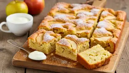 Gâteau aux pommes et poires découpé en parts sur une planche en bois, texture fondante avec morceaux de fruits visibles, saupoudré de sucre glace, servi avec une cuillerée de yaourt.