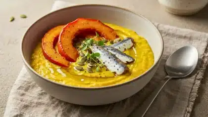 Bol de pudding salé au potimarron, garni de tranches de courge rôtie, sardines, graines et micropousses, posé sur un linge clair avec une cuillère à côté.