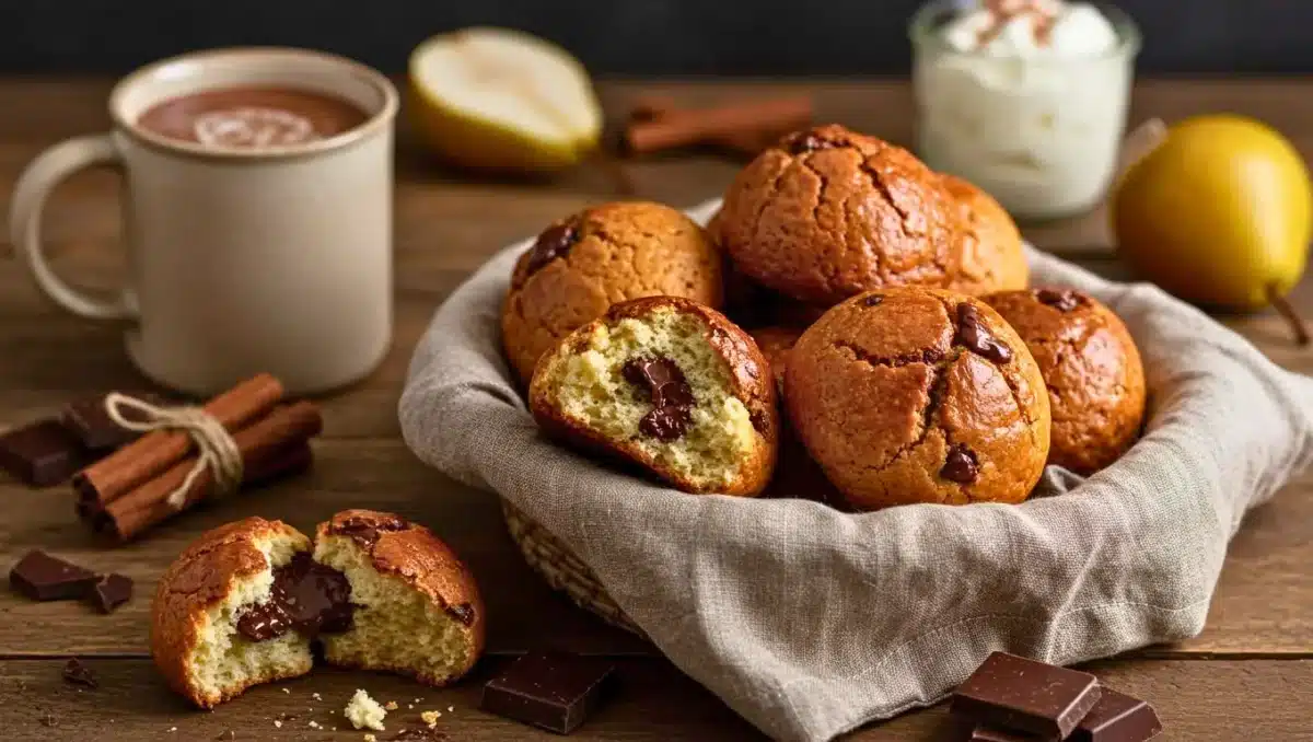 Cookies briochés moelleux avec cœur coulant au chocolat présentés dans un panier en tissu sur une table en bois.