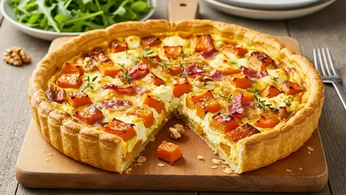 Quiche dorée au potiron, ricotta et lardons posée sur une planche en bois, avec une part manquante laissant apparaître la garniture fondante ; décorée de thym frais et accompagnée d’une salade verte.