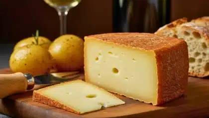 Fromage à raclette à pâte pressée avec croûte orangée, posé sur une planche avec pommes de terre et pain, prêt à être dégusté.
