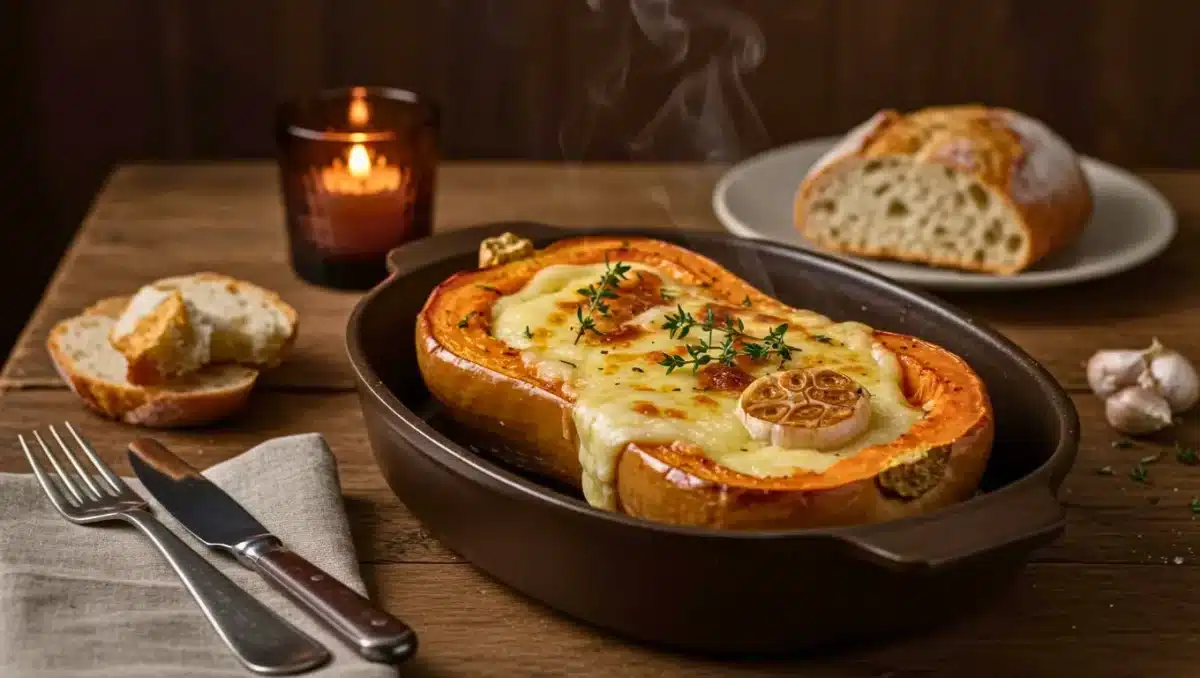 Butternut rôtie façon raclette dans un plat en terre cuite, garnie de fromage fondu, d’une demi-tête d’ail rôti et de thym frais, avec du pain et une bougie en arrière-plan sur une table en bois rustique.