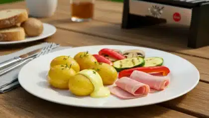 Assiette de raclette légère avec pommes de terre, légumes grillés et jambon, nappée d’une petite quantité de fromage fondu, servie en plein air.