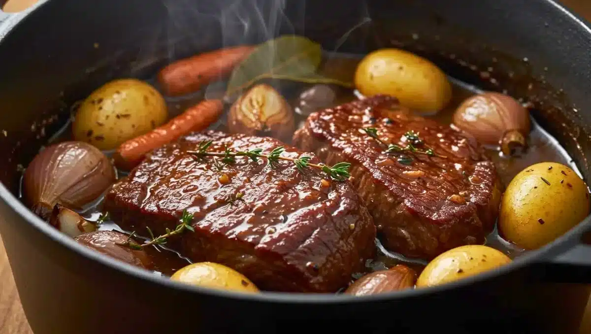 Ragoût de bœuf mijoté dans une cocotte, avec viande fondante, carottes, pommes de terre et oignons, nappés d’une sauce parfumée.