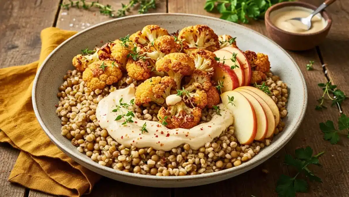 Bol garni de légumes rôtis, de tranches de pommes fraîches et de sauce crémeuse sur un lit de céréales, présenté sur une table en bois avec des herbes fraîches.