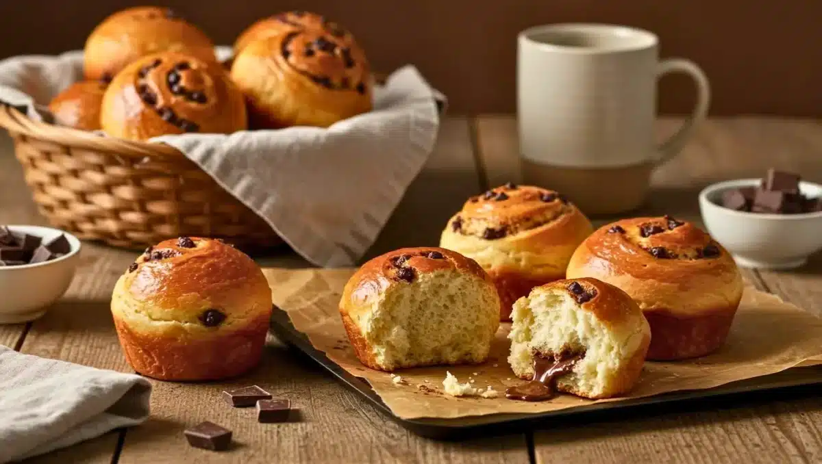 Petites brioches dorées garnies de chocolat fondu sur une planche en bois, avec des morceaux de chocolat et une tasse en arrière-plan.