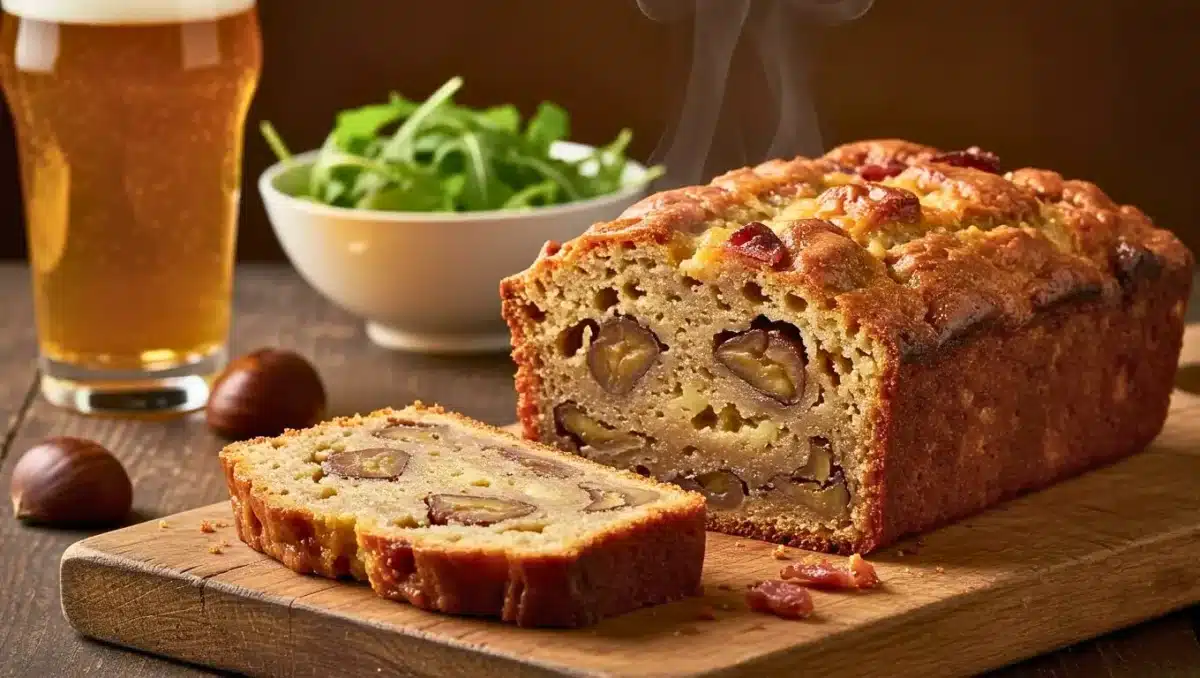 Cake salé aux châtaignes fumant, avec une tranche coupée montrant les morceaux de châtaigne, posé sur une planche en bois avec une bière et une salade en arrière-plan.