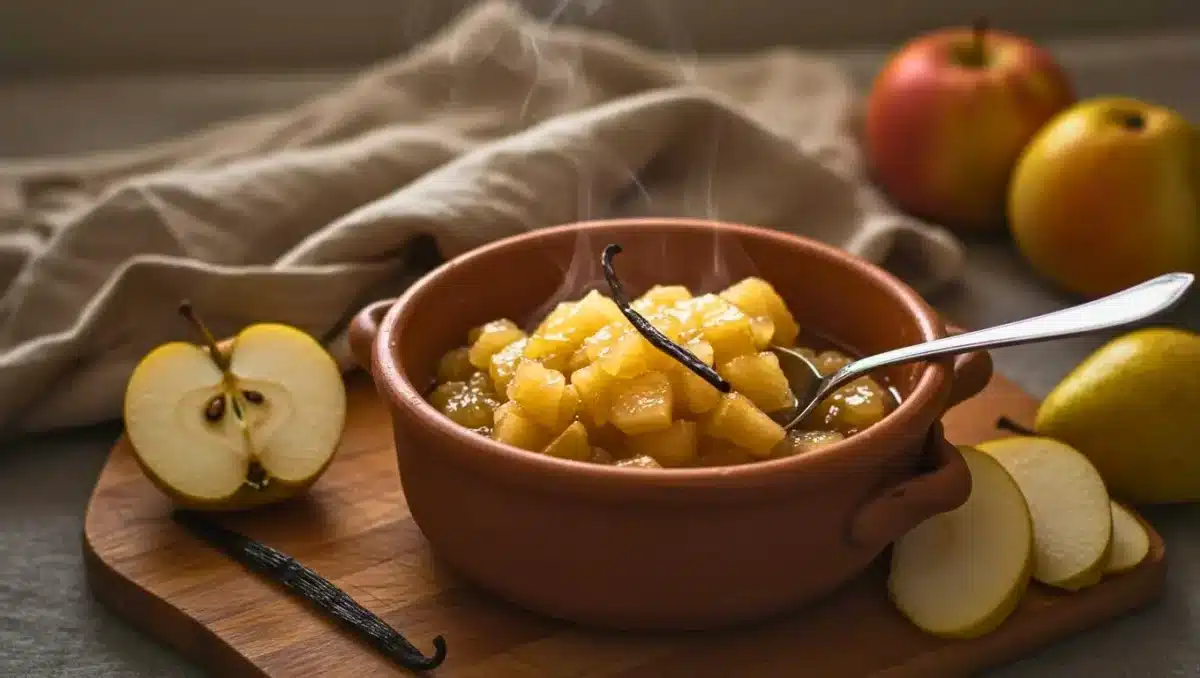 Bol de compote pomme-poire chaude parfumée à la vanille, servie dans un ramequin en terre cuite avec des fruits frais en arrière-plan.