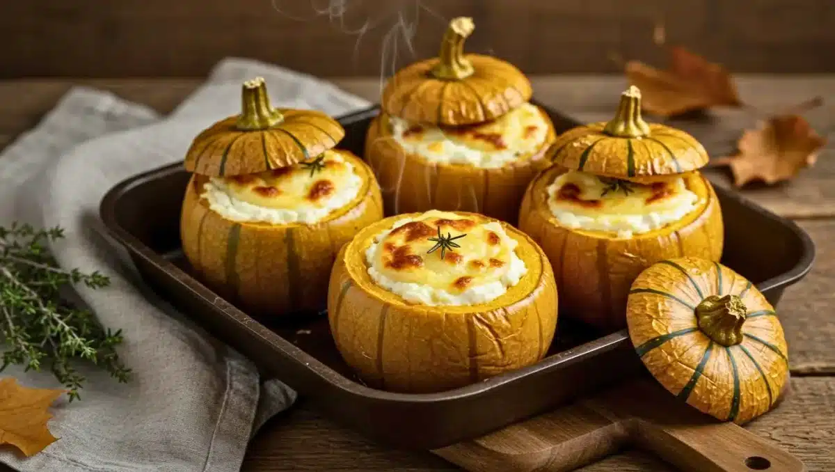 Petites courges farcies au fromage de chèvre crémeux et gratinées au four, servies dans un plat en céramique sur une table en bois rustique.