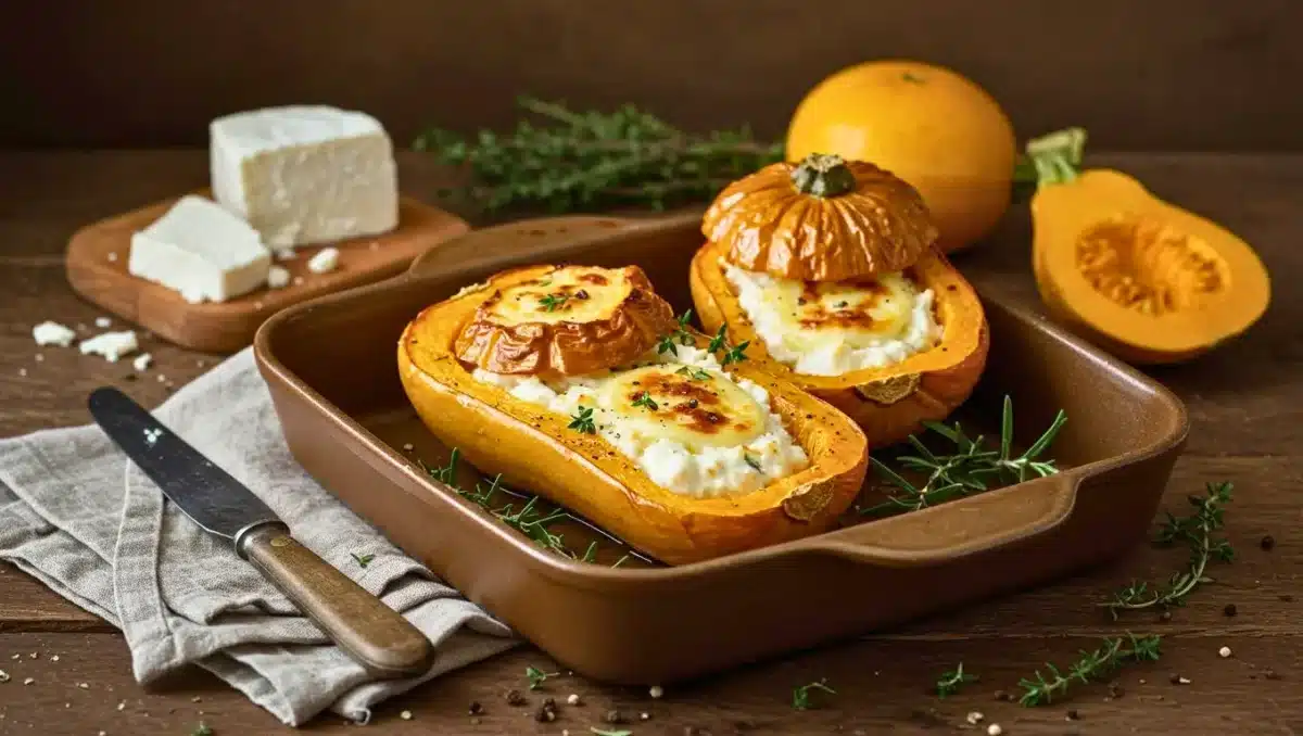 Courges délicata rôties au four, garnies de fromage de chèvre crémeux et d’herbes fraîches, présentées dans un plat en céramique sur une table en bois rustique.